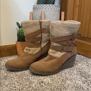Ruff Hewn Brown and Cream Winter Boots with Knit Detail